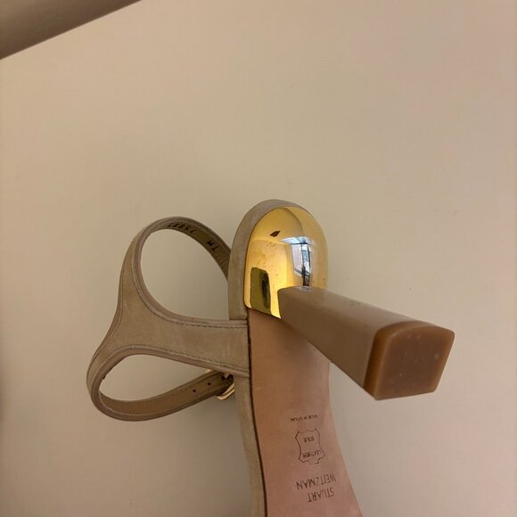 Stuart Weitzman Suede Cross Front Sandals with Sculpted Gold Trim Heel - Picture 7 of 8